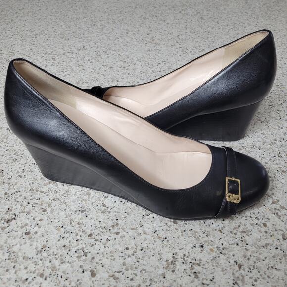 Cole Haan Grand OS Black Leather Closed Round Toe Gold Buckle Wedge Heel✨️9B - Picture 15 of 15
